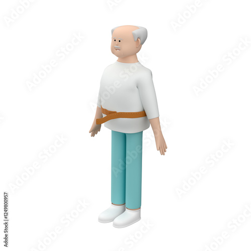 Senior man character using measurement tape on his waist, 3d illustration
