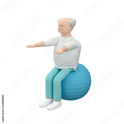 Senior male doing gymnastics with outstretched hands while sitting on rehabilitation ball, 3d render