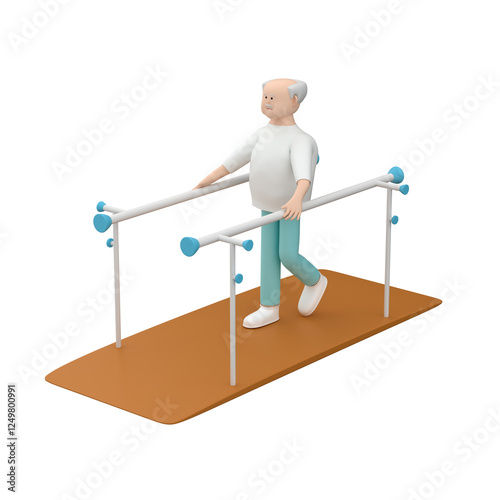 Senior male character doing rehabilitation exercises walking while using rails, 3d render
