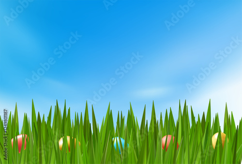 Easter egg hunt in spring grass field vector background. Gold colored chocolate candy gathered to basket. 3d render banner for poduim border. Meadow cartoon bright decoration card, cute bunny gifts