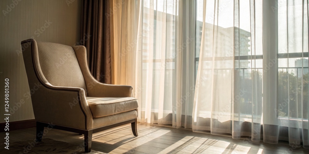 Fototapeta premium Sunlight filters through sheer curtains onto a cozy chair in a modern room during the afternoon