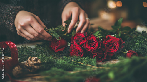 Woman Arranging Red Roses and Fir Branches  photo
