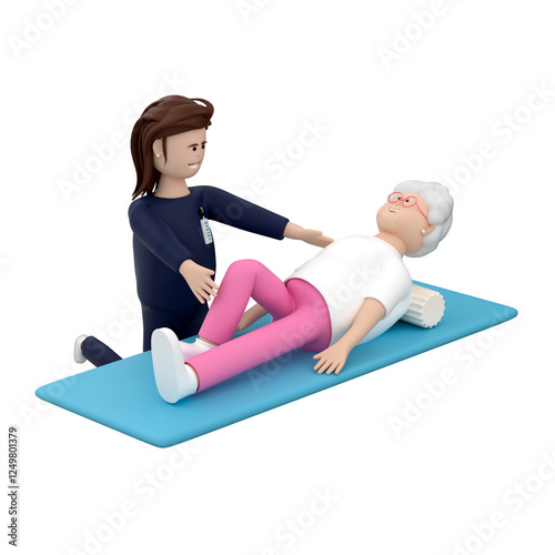 Female doctor character helping senior female while she is lying on mat and using rehabilitation roller, 3d illustration