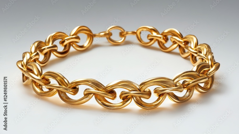 Fototapeta premium Luxury gold chain bracelet with an intricate interlocking design, softly illuminated.