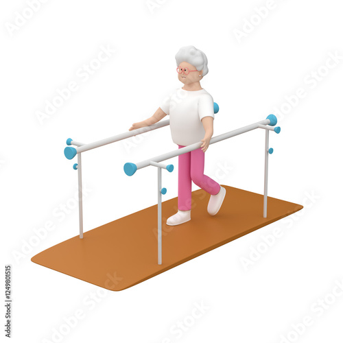 Senior female character doing rehabilitation exercises walking while using rails, 3d render