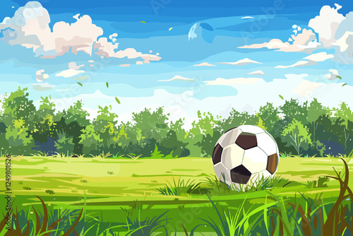 Soccer Ball on Lush Green Field Under Clear Blue Sky in Summer Season