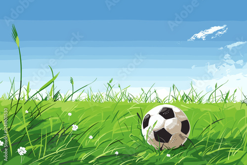 Soccer Ball on Lush Green Field Under Clear Blue Sky in Summer Season