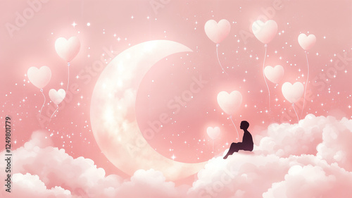 Dreamy Moonlit Scene with Heart Balloons and Silhouette of a Person