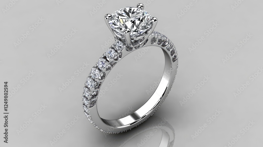 Luxury platinum engagement ring with a sparkling diamond centerpiece on a smooth surface.
