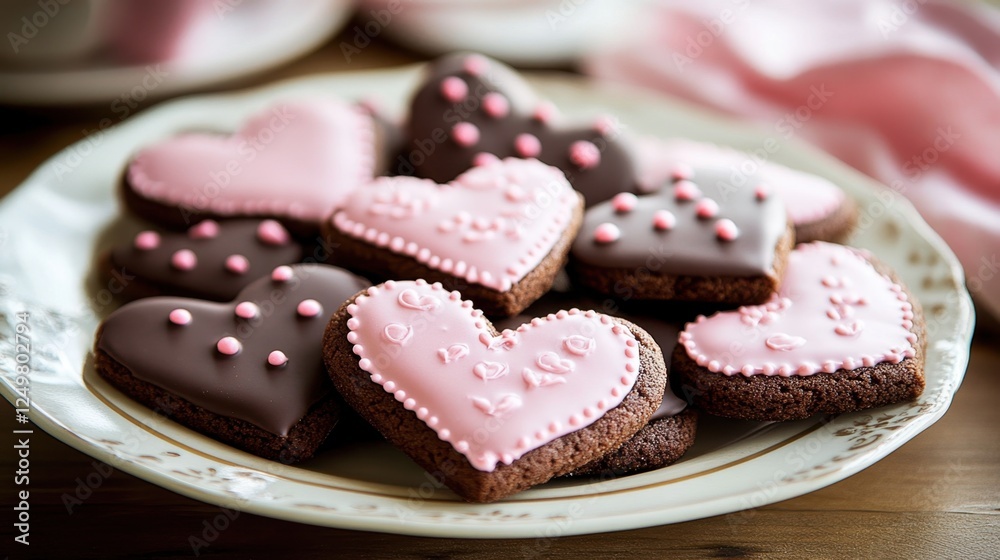 A plate of delicious chocolate-dipped heart-shaped cookies decorated with pink icing. A plate of delicious chocolate-dipped heart-shaped cookies decorated with pink icing.