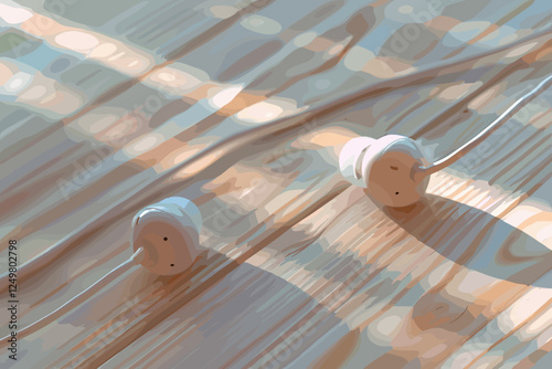 Soft-Focus Earphones Lying on Pastel Wooden Surface with Calm Background