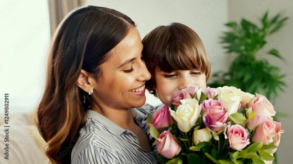 Smiling mother and child holding a bouquet of pink and white roses indoors. Close-up portrait celebrating family and love. Mother's Day and gifting concept Smiling mother and child holding a bouquet of pink and white roses indoors. Close-up portrait celebrating family and love. Mother's Day and gifting concept
