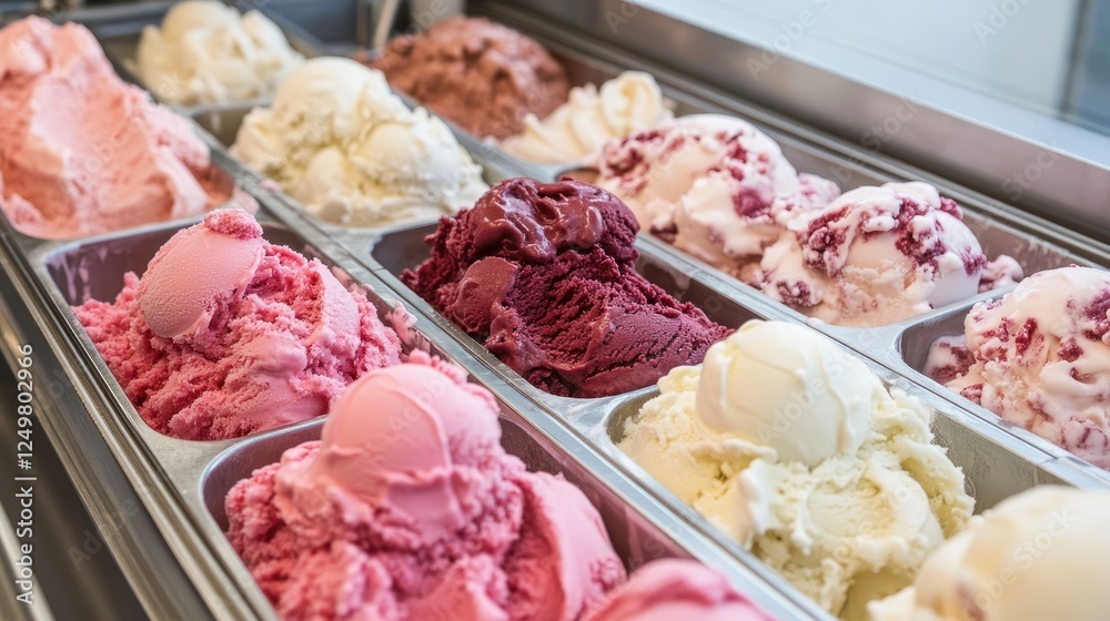 Obraz premium Mass-production ice cream factory with automated filling and freezing machines.