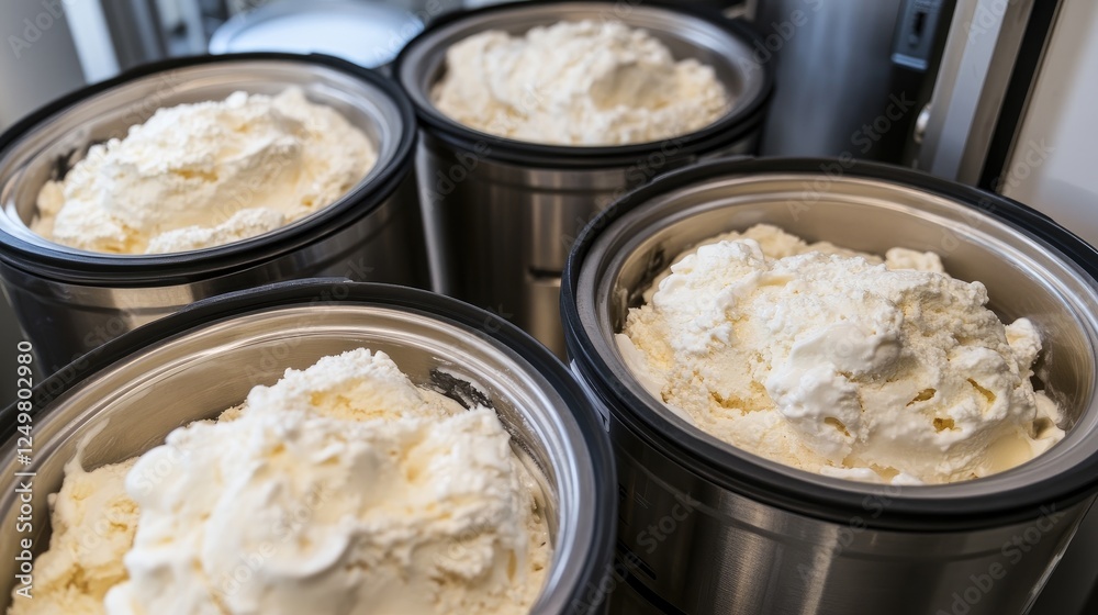 Mass-production ice cream factory with automated filling and freezing machines. Mass-production ice cream factory with automated filling and freezing machines.