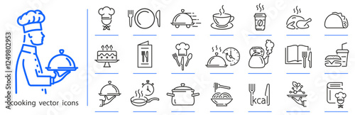 cooking icons, kitchen icon set, chef concept simple symbols, linear vector illustration, outline editable stroke