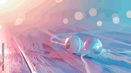 Soft-Focus Earphones Lying on Pastel Wooden Surface with Calm Background