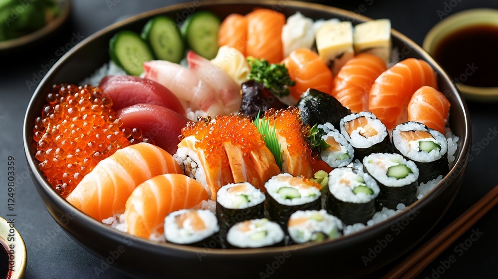 Japanese chirashi sushi bowl assorted sashimi tamago and ikura salmon roe arranged artfully over sushi rice Japanese chirashi sushi bowl assorted sashimi tamago and ikura salmon roe arranged artfully over sushi rice