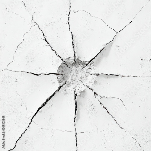 Impact fracture on white surface, radial cracks