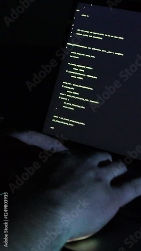 A male cybersecurity expert writing code. The concept of cyber attack, technology and hacking. Software specialist, computer programmer. Vertical version.