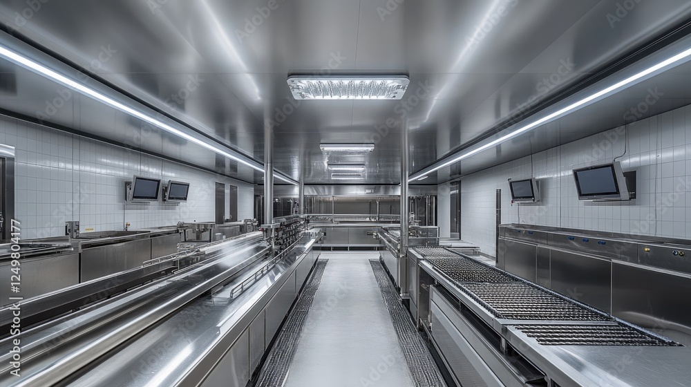 Naklejka premium Modern food processing plant with AI-powered quality control systems.