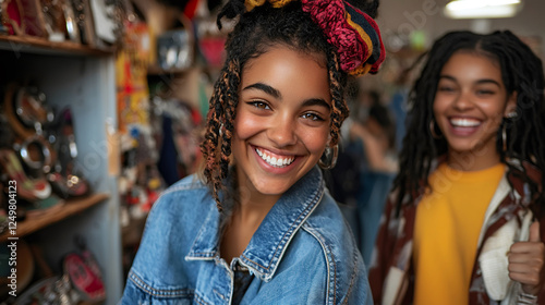 Young woman enjoying sustainable fashion shopping photo