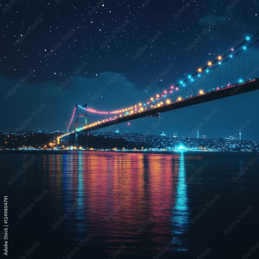 Naklejka premium Istanbul Bosphorus Bridge at Night, Starry Sky Reflection