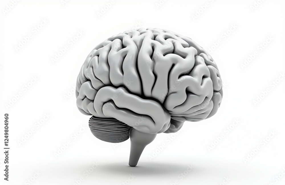 Detailed close-up of human brain on plain white background. Realistic anatomical representation of healthy brain. Modern medical science illustration for educational medical purposes. Possible use in Detailed close-up of human brain on plain white background. Realistic anatomical representation of healthy brain. Modern medical science illustration for educational medical purposes. Possible use in