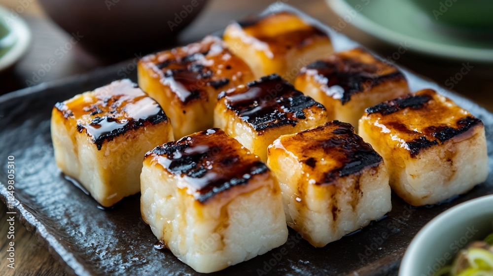 Japanese grilled mochi squares topped soy sauce and sugar glaze served with a side of green tea Japanese grilled mochi squares topped soy sauce and sugar glaze served with a side of green tea