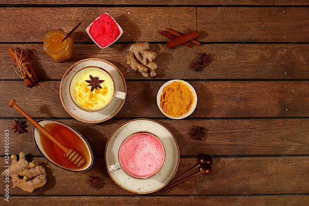 A variety of Japanese tea lattes made from golden turmeric and pink moon milk. The trendy healthy drink matcha promotes weight loss, relaxes before bed and has anti-inflammatory properties A variety of Japanese tea lattes made from golden turmeric and pink moon milk. The trendy healthy drink matcha promotes weight loss, relaxes before bed and has anti-inflammatory properties