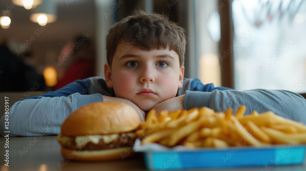 Boy thoughtfully observing a burger and fries on a table Boy thoughtfully observing a burger and fries on a table
