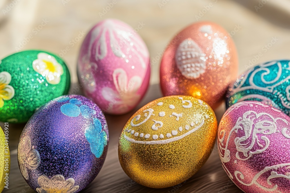 Fototapeta premium Colorful glittered Easter eggs arranged on a wooden surface, showcasing various vibrant designs and shimmering finishes for the festive occasion
