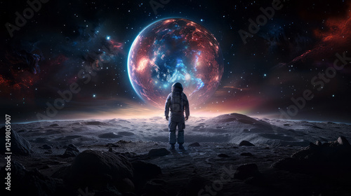 Astronaut on Alien Planet: A lone astronaut stands on an alien planet, gazing at a colossal, vibrant, and otherworldly planet in the distance, under a breathtaking starry sky.