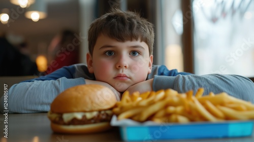 Boy thoughtfully observing a burger and fries on a table