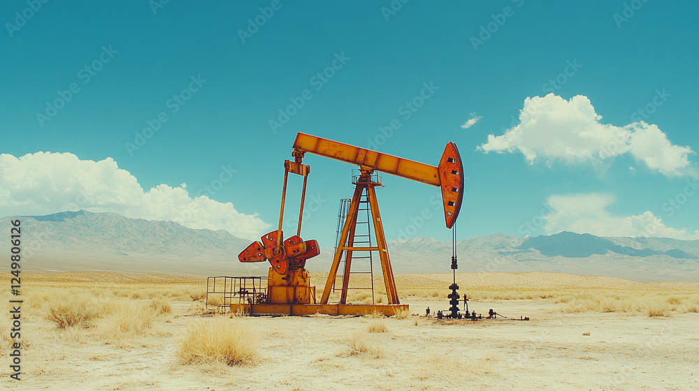 An abandoned oil drilling site in a desert with rusting machinery, cracked soil, and a modern bright tone, evoking desolation, environmental impact, and the passage of time An abandoned oil drilling site in a desert with rusting machinery, cracked soil, and a modern bright tone, evoking desolation, environmental impact, and the passage of time