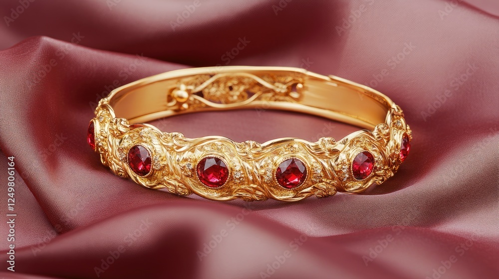 Obraz premium Royal gold and ruby bracelet with exquisite craftsmanship, placed on a silk cloth.