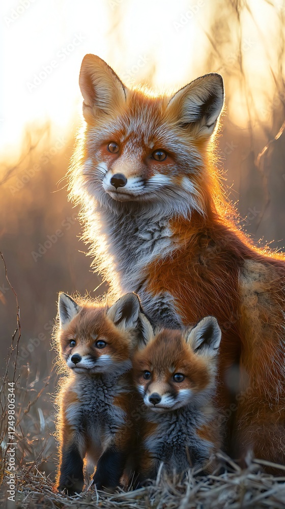 Fototapeta premium HD Phone Wallpaper Majestic Red Fox Vixen with Two Adorable Kits at Sunset in Wildlife Habitat