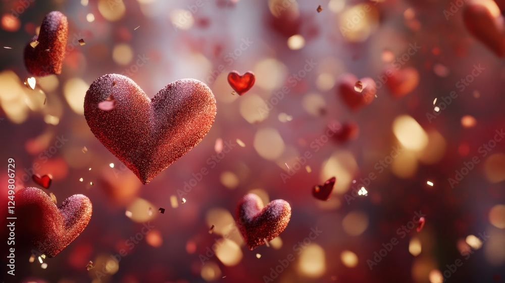 Festive Valentine's background with floating heart-shaped confetti and golden dust. Festive Valentine's background with floating heart-shaped confetti and golden dust.