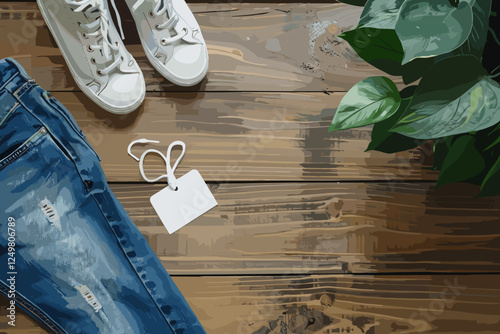 Stylish Blue Jeans with Blank White Tag and Casual Shoes, Wooden Surface Background