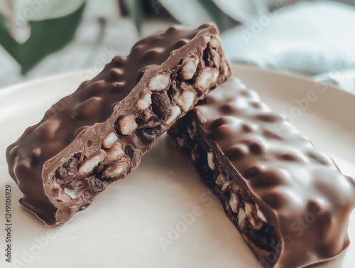 Generative AI, Handcrafted chocolate bars with crispy puffed rice and nuts on a ceramic plate