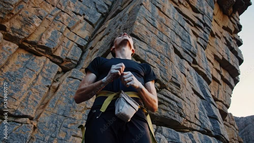 A climber adjusts gear while standing beneath a stunning rocky cliff, preparing for a challenging ascent as the sun sets, casting warm hues on the landscape. A climber adjusts gear while standing beneath a stunning rocky cliff, preparing for a challenging ascent as the sun sets, casting warm hues on the landscape.