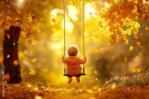 Child enjoys swinging in a park surrounded by golden leaves during autumn