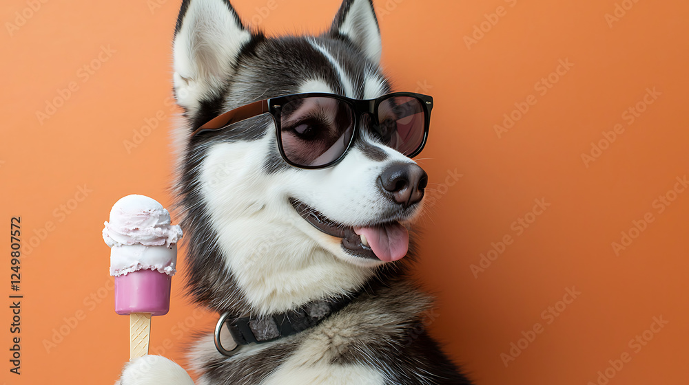 A dog wearing sunglasses and holding an ice cream cone A dog wearing sunglasses and holding an ice cream cone