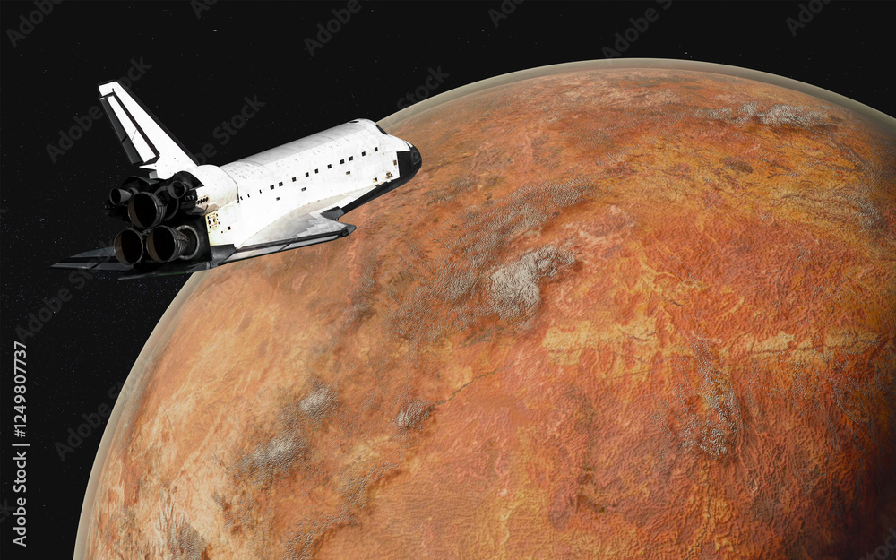 Space shuttle orbiting artistically rendered red fiction planet with atmosphere. Interstellar flight concept. Elements of 3D rendered illustration were furnished by NASA.