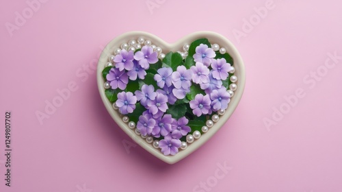 Top-down view of a floral arrangement in a heart-shaped box with decorative pearls.