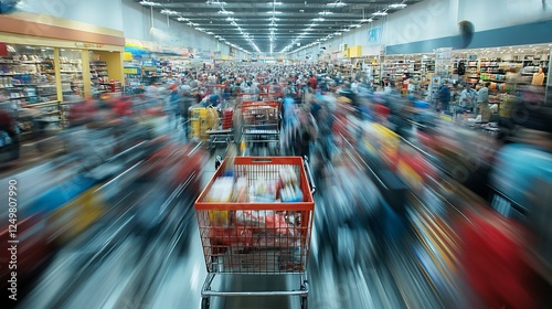 Capture frenzy of shopping a dynamic photo series using high speed photography techniques to freeze the chaotic energy of Black Friday crowds bustling retail stores and lightning fast transactions