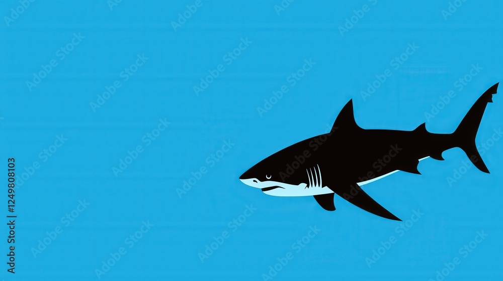 Fototapeta premium Silhouette of a shark swimming against a glowing blue ocean backdrop