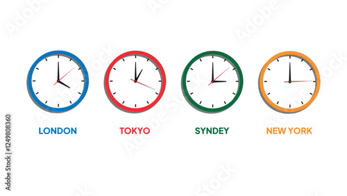 Colorful clock with different time zone. Time in london, tokyo, sydney, and new york. Flat style vector illustration