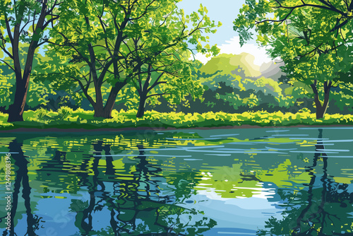 Sunlit Summer Park with Lush Trees Reflecting on Tranquil Water Lake