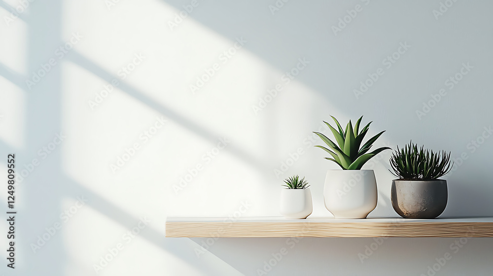 Sunlight Illuminating Potted Succulents On Wooden Shelf Sunlight Illuminating Potted Succulents On Wooden Shelf