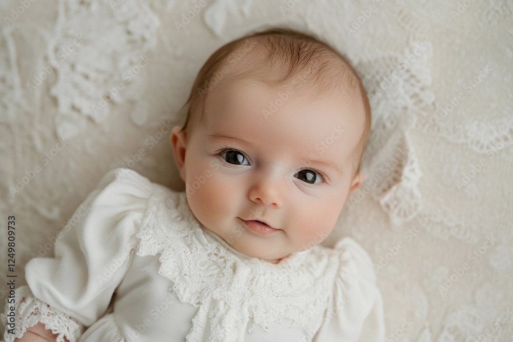 Newborn in white clothing rests peacefully on a soft, light-colored surface while gazing gently at the viewer Newborn in white clothing rests peacefully on a soft, light-colored surface while gazing gently at the viewer